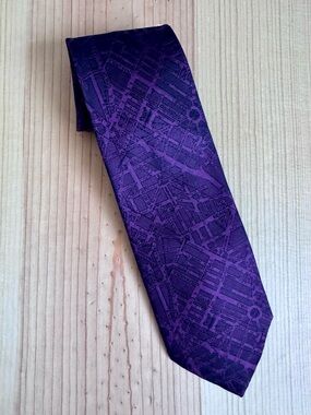 Moschino Milano Silk Tie Purple Abstract Milan Map Print 3.25” Designer VTG